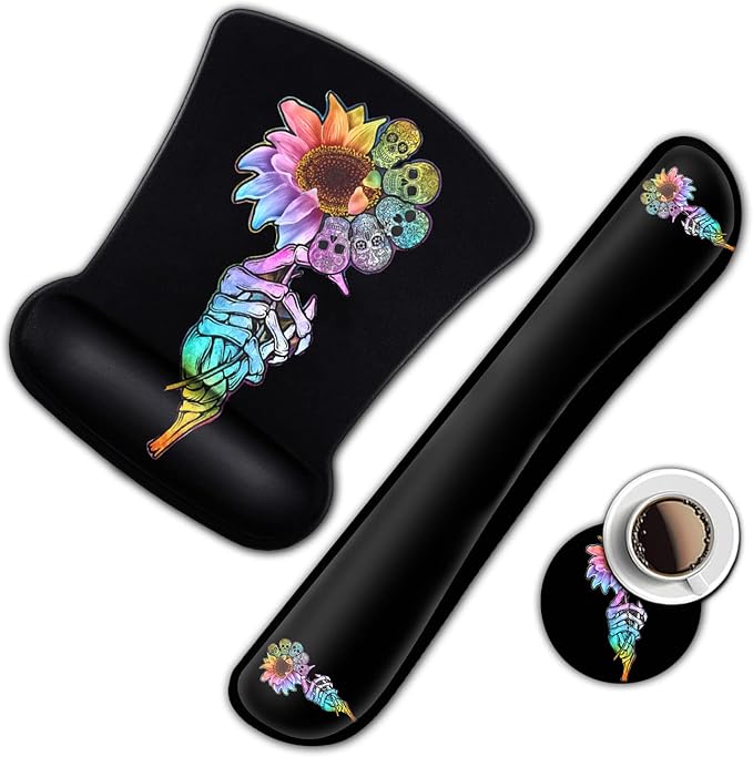 Ergonomic Mouse Pad and Keyboard Wrist Rest Set - Memory Foam Support Non-Slip PU Base Skulls &amp Sunflowers Black Gaming Design