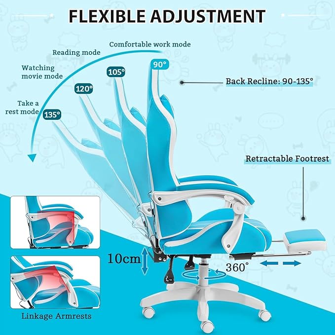 RGB Gaming Chair with LED Lights Ergonomic Massage Computer Chair with Footrest Reclining Video Game Chair with Adjustable Lumbar Support High Back Game Chairs for Adults Light Blue and White