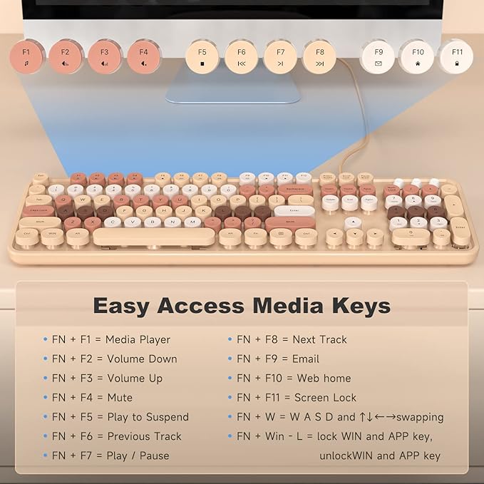 KNOWSQT Wired Computer Keyboard - Milk Tea Colorful Retro Full Size Round Keycaps Plug and Play Typewriter Cute Keyboards for Windows Laptop PC Desktop Computer