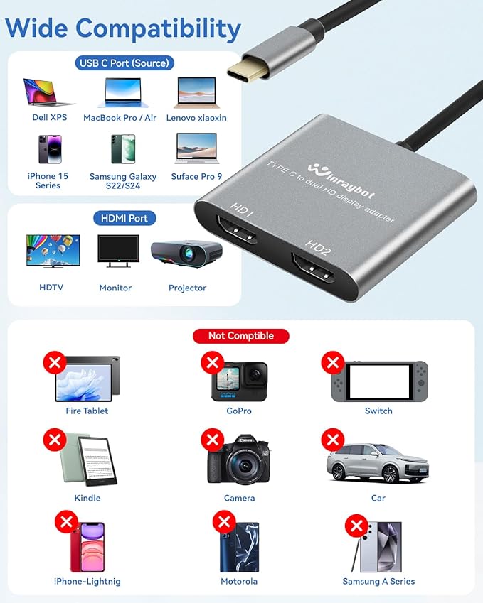 USB C to Dual HDMI Adapter 4k60Hz Dual Monitors Extend for USB-C Devices 4K Dual Screen Display Converter for Windows &amp Mac Compatible MacBook Pro/Air Dell Lenovo XPS