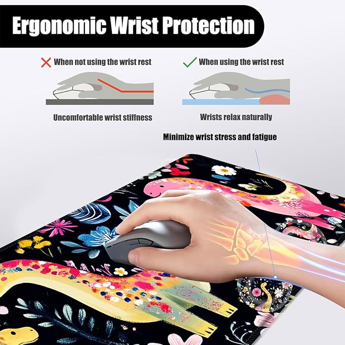 Mouse PadLarge Desk Mat Set 4in1 XL Mousepad + Keyboard Wrist Rest+Mouse Wrist Rest+Coaster with Ergonomic Desk Pad for Home Office Table Computer Cover -Colorful Floral Dinosaurs Art