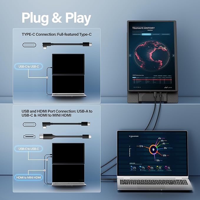 Laptop Screen Extender 16.1 1920 * 1200 Portable Monitor with Detachable Frameless Display- 360° Rotatable Magnetic Stand Dual Screen Plug &amp Play Extra Monitor for Windows/Mac/Linux/Android