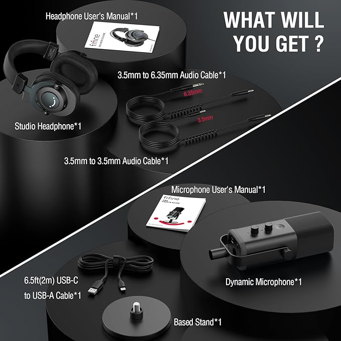 FIFINE XLR/USB Microphone and Studio Monitor Headphones Set Computer Recording Mic with Mute Button RGB Over Ear Wired Headset Pack for YouTube Podcasting Streaming Gaming (AM8+H8)