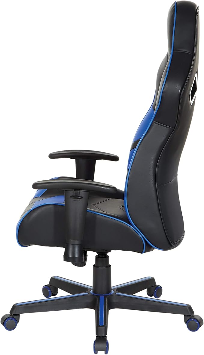 OSP Home Furnishings Vapor Ergonomic Adjustable High Back Faux Leather Gaming Chair with Coil Spring Seat and Integrated Cooling Airflow Blue Accents