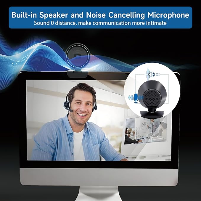 4K USB Webcam for PC with Speaker &amp Microphone 85° Wide Angle Web Camera Auto Focus Dual Noise Cancelling Mics Privacy Cover Plug-and-Play for Desktop/Laptop
