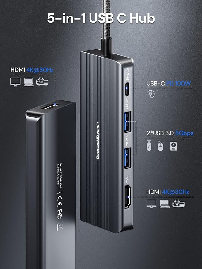 USB C to HDMI Dual Monitor Adapter DockteckExpand 5 in 1 Hub with 2 HDMI 4K 2 USB 3.0 PD 100W Charging USB C to MultiPort Adapter for Dell HP MacBook and Type C Devices