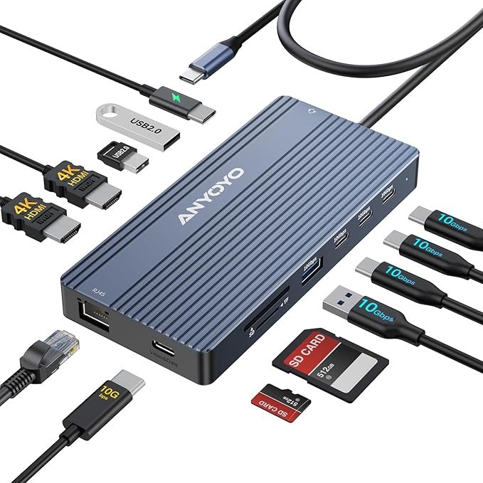 USB C Docking Station 14 in 1 USB Hub for 3 Monitors Dual 4K@60Hz HDMI &amp USB-C Video 4xUSB-C(10Gbps) 3X USB-A Ethernet SD/TF &amp 3.5mm Audio Jack100W PD – Multiport Adapter for/HP/Dell/Le