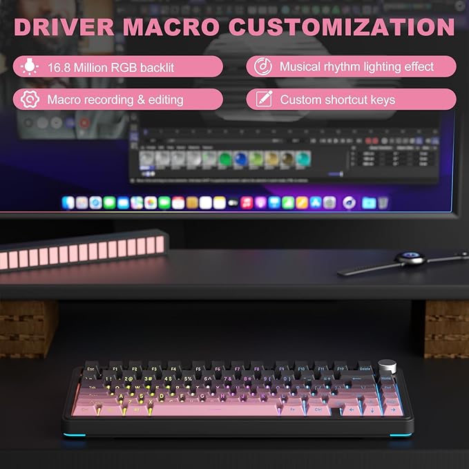CC MALL M75 Mechanical Keyboard75% Gasket Hot SwappableRGB BacklitSide Printed PBT Keycaps2.4Ghz/Bluetooth/USB-C Gaming Keyboards (Black and Pink)