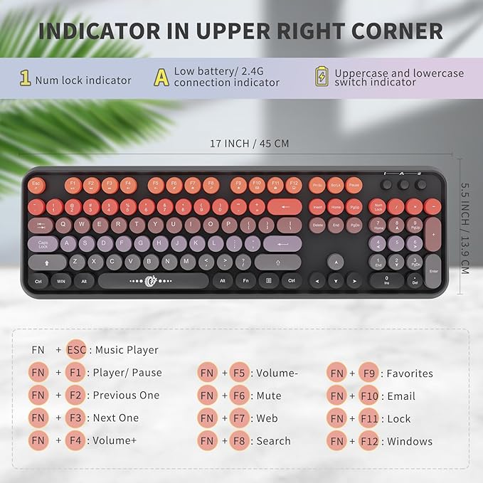 FOPETT Wireless Keyboard and Mouse Combo - 2.4G Full-Sized Cute Colorful Mouse and Keyboard with 104 Round Keys Retro Typewriter Keyboard for Laptop/Windows/PC - Black Orange