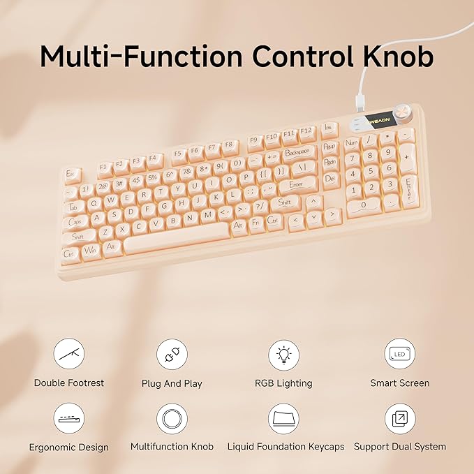 V102 Wired Keyboard 98 Keys Creamy Gaming Keyboard with Number Pad Display Screen &amp Media Knob RGB Silent Wired Cute Computer Keyboard for Laptop PC Gamer - Cream Pink
