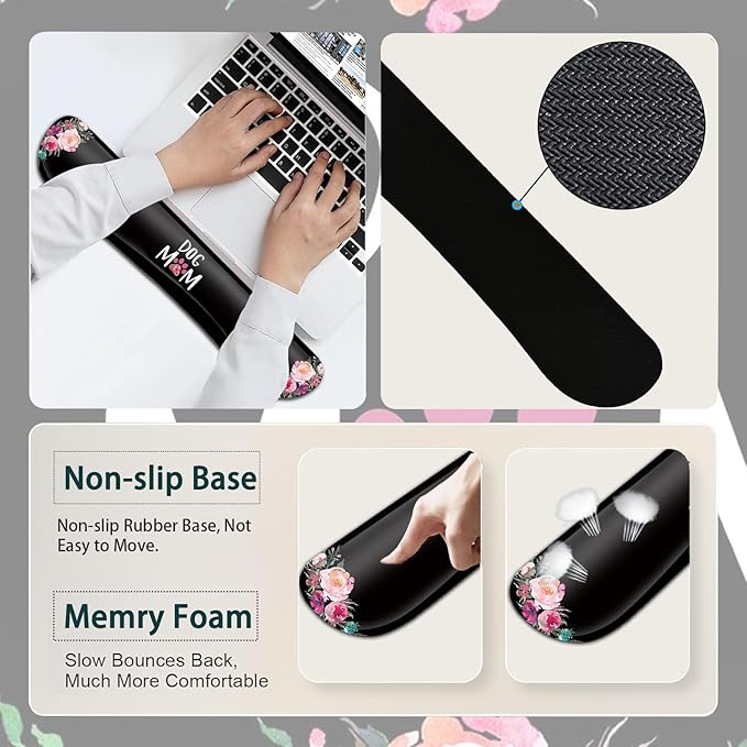 Large Mouse Pad Ergonomic Mouse Pad with Wrist Rest and Keyboard Wrist Rest 4 in 1 Set 31.5 x11.8 inch Extended Desk Pad for Home Office Cute Dog Mom Floral Pattern XXL Black Gaming Mouse Mat