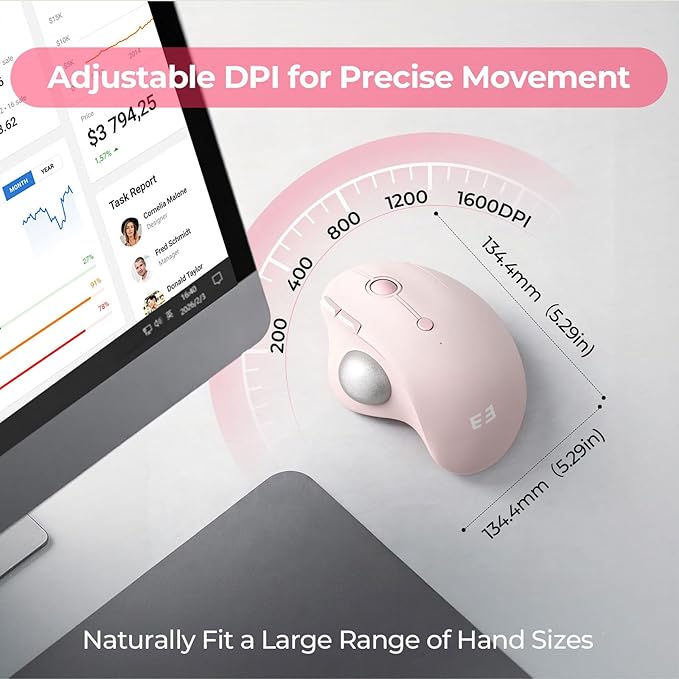 seenda Wireless Trackball Mouse Bluetooth - Ergonomic Rollerball Mouse Rechargeable 3 Device Connection Optical Mice Adjustable DPI Thumb Control Mice Compatible for Mac/Android/Windows - Rose Pink