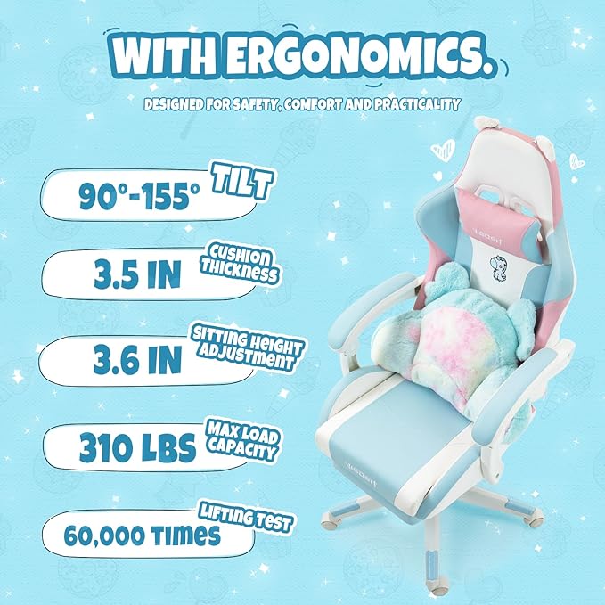 Gaming Chair Cute with Cat Ears Paw Lumbar and CushionErgonomic Computer Chair with FootrestReclining PC Game Chair for Girl Computer Chair 300lbs for Adult (Blue&ampPink)