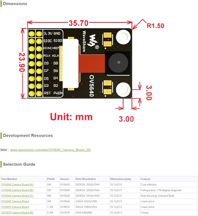 waveshare OV5640 Camera Board (B) Image Sensor Module 5 Megapixel (2592x1944) Fisheye Lens to Achieve 170 Degree Diagonal