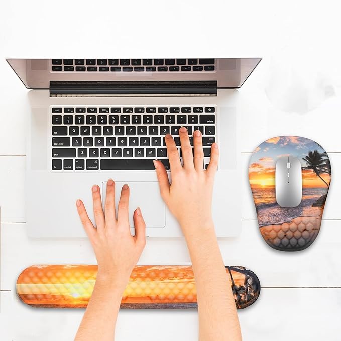 Ergonomic Mouse Pad and Keyboard Wrist Rest with Massage Design Space-Saving Mouse Pad Wrist Support Memory Foam Wrist Rest with Non-Slip PU Base for Computer Desk Beach