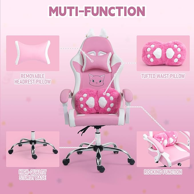 ALEAVIC Pink Gaming Chair with Cat Paw Lumbar Cushion and Cat Ears Reclining PC Game Computer Chairs Ergonomic Gamer Chair for Kids Girls Teens