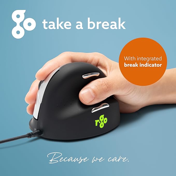 R-Go HE Ergonomic Mouse with Break Software USB-C Wired (with USB A Converter) Vertical Design Anti Carpal Tunnel Silent Click Customisable Buttons Compatible for Windows/Mac OS Black/Silver
