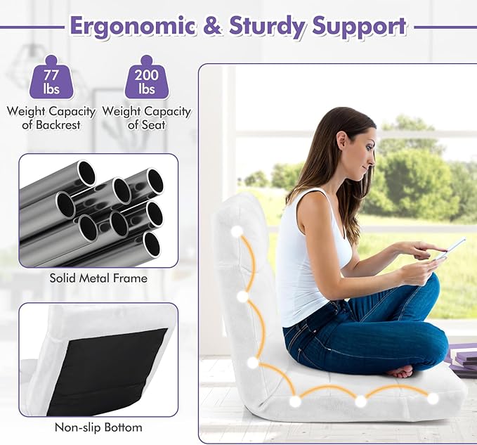 GOFLAME 14-Position Folding Floor Chair Padded Gaming Lazy Sofa Chair with Adjustable Backrest Couch Recliner Sleeper Bed Lounge Chair for Reading Gaming Meditating (White)