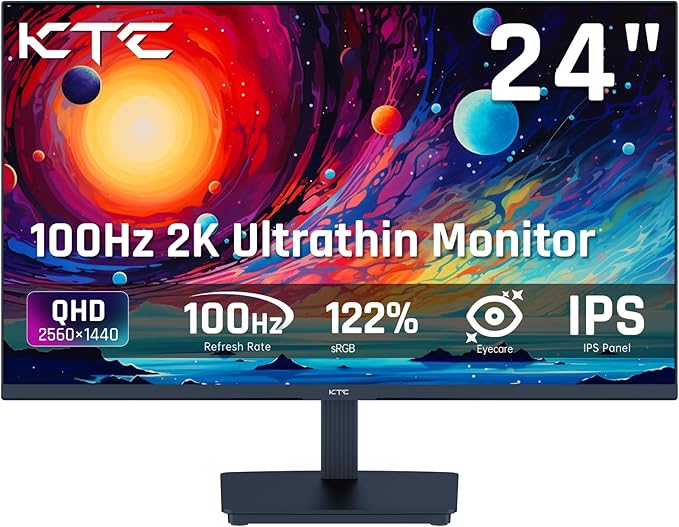 KTC 24 Inch QHD 100Hz Computer Monitor IPS 2K 1300:1 Contrast Anti-Blue Light Screen 122% sRGB FreeSync &amp G-Sync Compatible HDMI2.0 &amp Display Port 1.4 PC Monitor for Gaming Office Work H