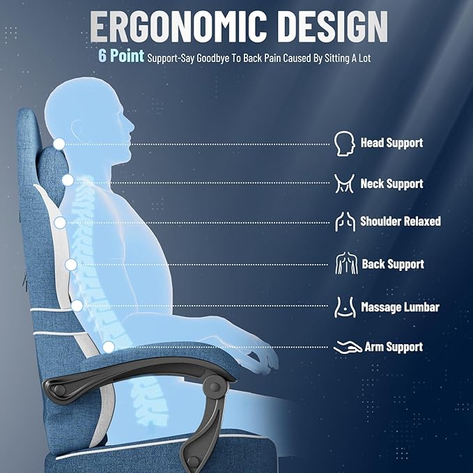 Ferghana Breathable Fabric Ergonomic Gaming Chair with Footrest and Linkage Armrest High Back Computer Game Chair with Massage Lumbar Support for Adult(Blue)