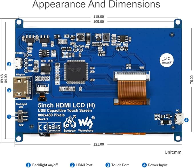 Waveshare 5 Inch HDMI LCD Screen 800x480 TFT Capacitive Touch Screen Display Monitor for Raspberry Pi 4B/3B+/A+/B/2B/B+/A+/Zero W Compatible with Windows 10/8.1/8/7