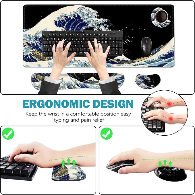ToLuLu Extended Gaming Mouse Pad Memory Foam Ergonomic Keyboard Mouse Wrist Rest Support Set Large Desk Mat with Stitched Edges Non-Slip Base Mousepad for Home Office Game Study Wave of Kanagawa