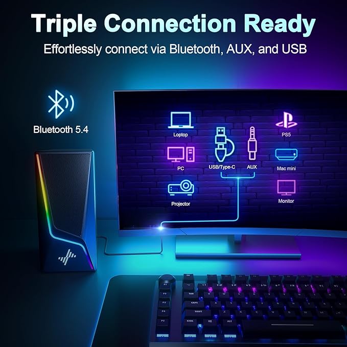 Nylavee Computer Speakers with Subwoofer 2.1 PC Speakers System with 8 Lighting Modes 60W Peak Power AC Adapter Powered Bluetooth 5.4 USB/USB-C and 3.5mm Aux in for Desktop Monitor Gaming