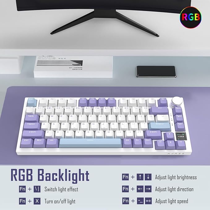 AJAZZ AK820 Pro 75% Gasket RGB Wireless Mechanical Keyboard with TFT Screen Volume knob Bluetooth/2.4G/Wired 3-Modes Compact 82 Hot-Swap Keys Tricolor PBT Keycap 4000 mAh (Purple&ampBlue 3-Modes