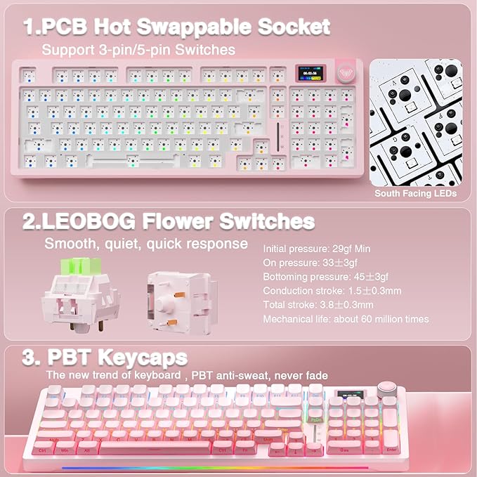 AULA S98 Pro Wireless Mechanical Keyboard with Screen &amp Knob2.4GHz/USB-C/BT5.0 Hot Swappable Pink Creamy KeyboardPre-lubed Linear SwitchesSide Printed PBT KeycapsRGB Backlit Gaming Keyboards