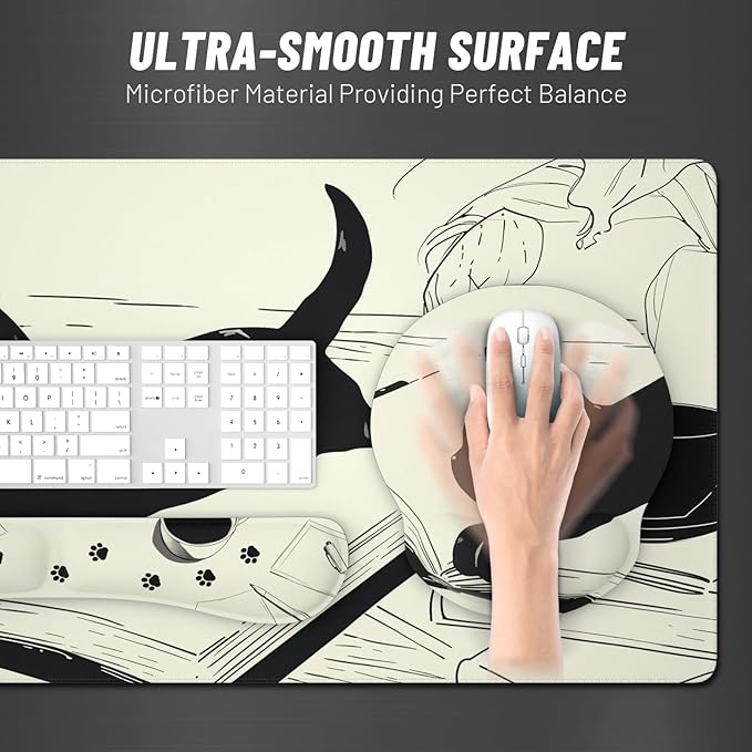 Ovenbird Mouse Pad Set 4-in-1 | Large Gaming Mousepad Keyboard Wrist Rest Mouse Wrist Support Coaster | Ergonomic Office Desk Mat Accessories for Women Men | 4PCS 35.4 x 15.7in Black Cat