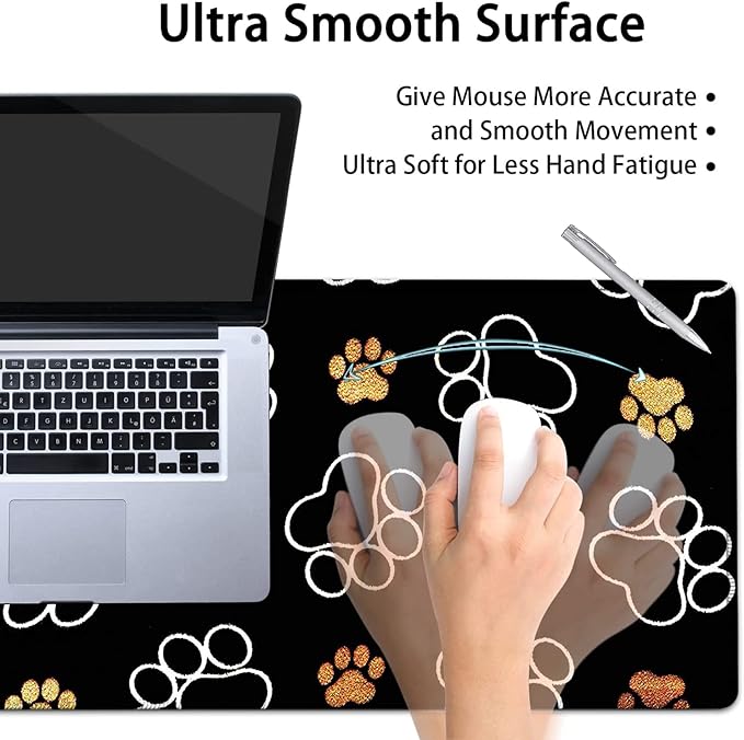 Large Mouse Pad Extended Office Desk Pad 31.5x11.8in Ergonomic Memory Foam Mouse Wrist Rest Support for Home Office Computer Writing Pad Gold White Cute Dog Paws Prints XXL Black Gaming Mouse Mat