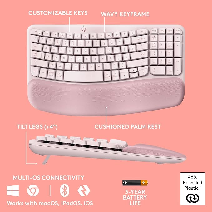 Logitech Wave Keys Wireless Ergonomic Keyboard with Cushioned Palm Rest Comfortable Natural Typing Easy-Switch Bluetooth Logi Bolt Receiver for Multi-OS Windows/Mac - Rose