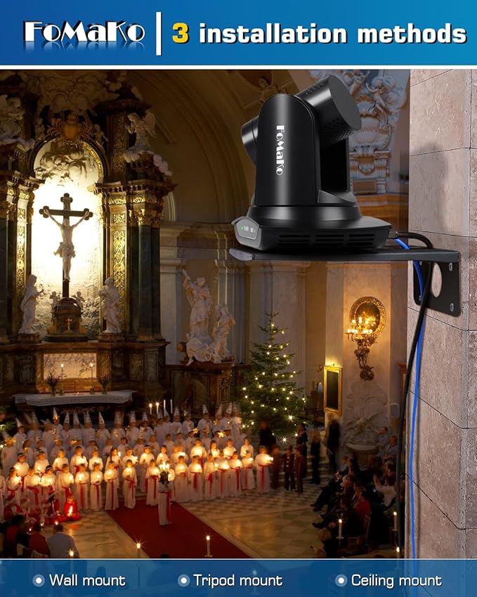FoMaKo NDI PTZ CameraAI Auto-Tracking Gen 3 30x Optical Zoom IP USB3.0 HDMI PTZ Camera for Church Services Worship Education (NDI 6 &amp NDI HX3 Certified) FMK30UH NDI-B (Black Color)