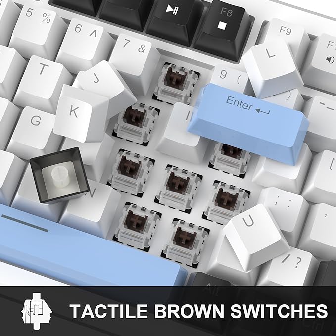 MageGee 75% Mechanical Gaming Keyboard Compact Blue Backlit Wired Gaming Keyboards with Brown Switches EVA Foam Knob Control STAR75 Portable NKRO PC Gaming Keyboard - White &amp Blue