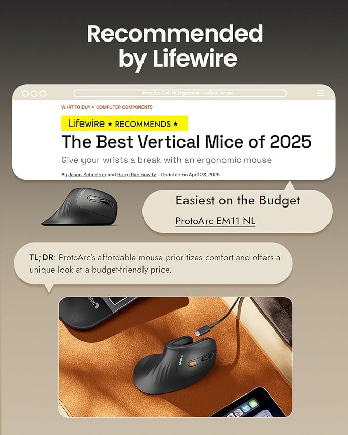 ProtoArc Ergonomic Mouse EM11 NL Bluetooth Rechargeable Wireless Vertical Mouse 3 Multi-Device Connectivity for Computer/PC/Laptop 2.4GHz USB-A Optical Mice for Windows Mac OS White Gold