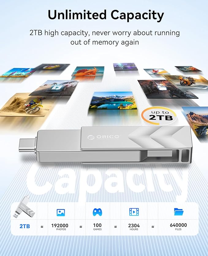 ORICO 512GB Portable Solid State Drive 1050MB/s Dual-Port Rotating Metal External SSD with 90° Click-Stop Reliable Storage for iPhone 16 17 Series Type-C Smartphone Mac Audio Vehicle - A101