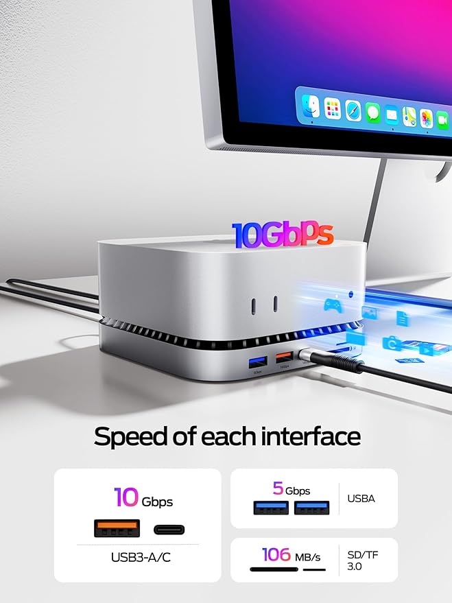 MOVE SPEED mini M4 Dock with 1TB NVMe SSD 10 in 1 Aluminum Stand Hub 10Gbps USB-C/A 4K60Hz HDMI SD/TF Reader Space-Saving Vertical Design