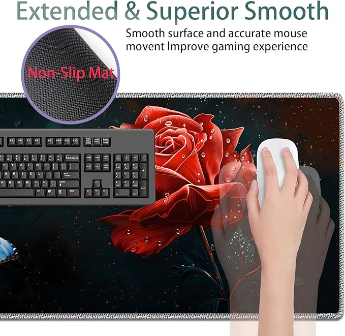 Large Gaming Mouse Pad + Keyboard Wrist Rest + Wrist Support + Coaster Set Memory Foam Ergonomic for Easy Typing XXL Extended Gaming Mouse Pad Table Pad - Starry Red Rose