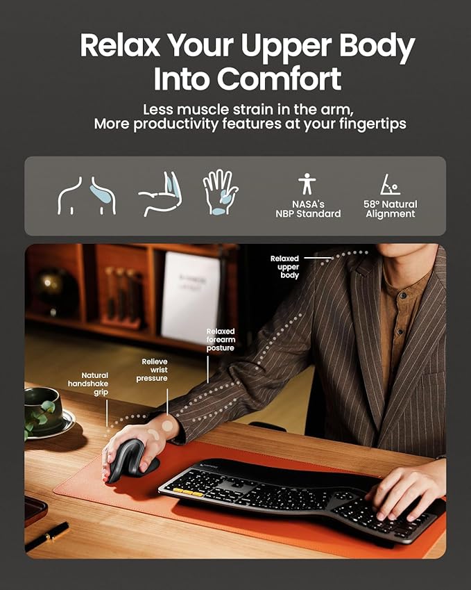 ProtoArc Ergonomic Mouse EM11 NL Bluetooth Rechargeable Wireless Vertical Mouse 3 Multi-Device Connectivity for Computer/PC/Laptop 2.4GHz USB-A Optical Mice for Windows Mac OS Gray