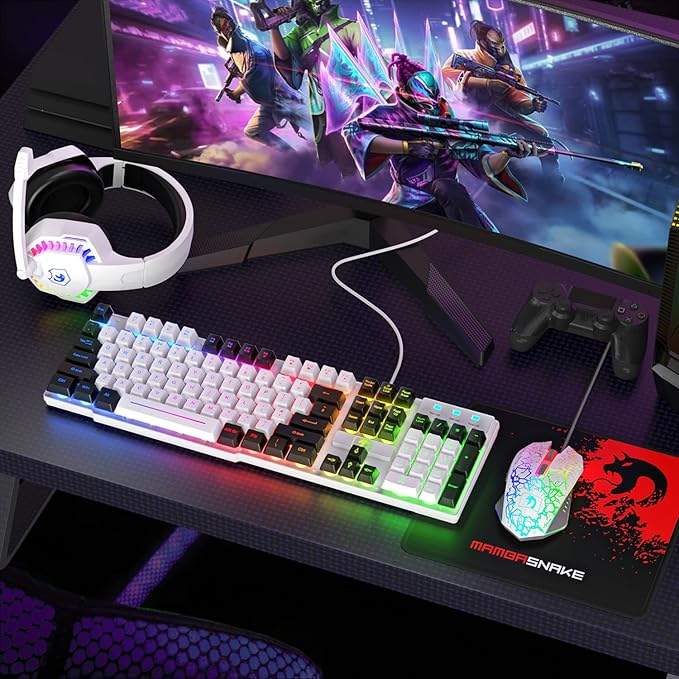 Wired Rainbow LED Backlit Keyboard and Mouse Over Ear Headphone with Mic Gaming Mice and Pad for PC Xbox and PS4 (White/Black)