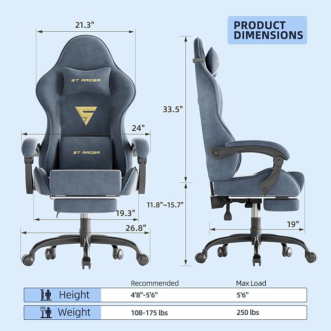 Ferghana Velvet Fabric Ergonomic Gaming Chair with Footrest and Massage Reclining Computer Gamer Chair for Adult and Teens Racing Style PC Home Office Video Game Chair (Grey)