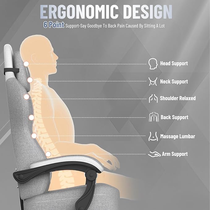 Ferghana Cotton Fabric Gaming Chair with Wider Seat Cushion Diamond Double-Stitching Ergonomic High Back Game Chair with Footrest Computer Chair with Massage Lumbar Support for Adult Gray/White