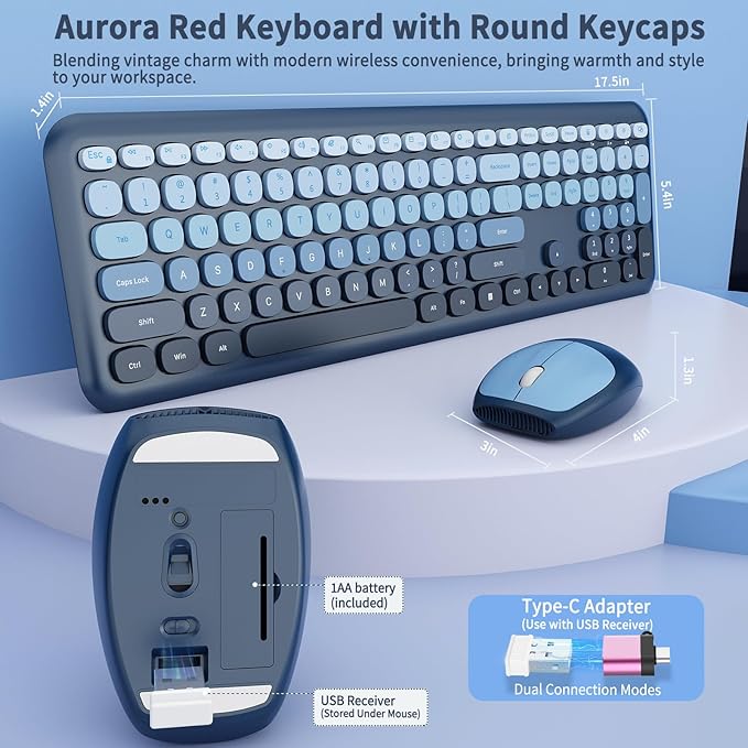 HotFox Wireless Keyboard and Mouse Combo Full-Size Retro Typewriter Keyboard with Round Keycaps Ergonomic Design for Windows PC Home and Office Use -Blue
