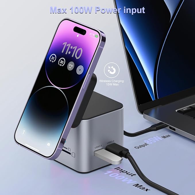 USB C Laptop Docking Station with MagSafe Charger Stand 9 in 1 USB C Hub Multiport Adapter with 4K HDMI 1Gbps Ethernet 3 USB 3.0 SD/TF Compatible with MacBook/Dell/HP/Lenovo/iPhone (Silver Gray)