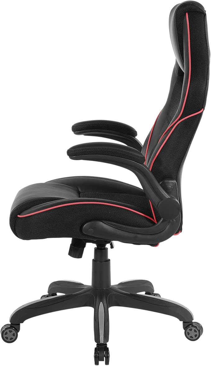 OSP Home Furnishings Xeno Ergonomic Adjustable Faux Leather Gaming Chair with Integrated Headrest and Airflow Cooling Material Black with Red Accents