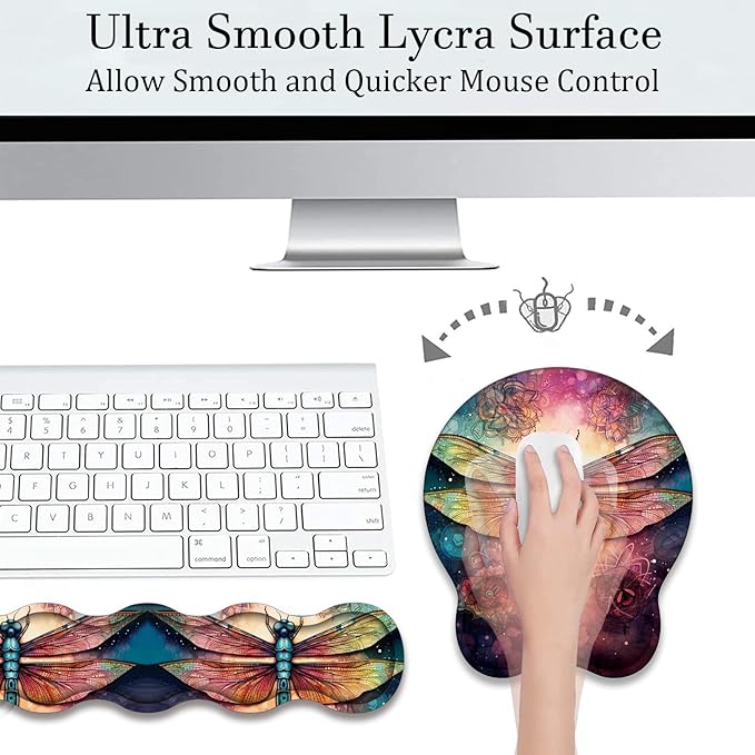Mouse Wrist Rest and Keyboard Wrist Rest Pad+ Coaster Set Non-Slip Rubber Base Smooth Surface Ergonomic Gaming Mouse Pad for Easy Typing and Pain Relief Mandala Dragonfly