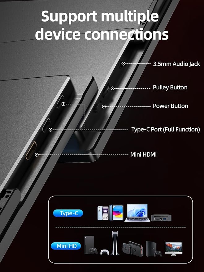 Portable Monitor 18.5'' 1080P 100Hz 100% sRGB Aluminum Alloy Shell IPS Travel Monitor with USB-C HDMI Large Portable Screen for Laptop MacBook PC PS4/5 Gaming Monitor with Kickstand