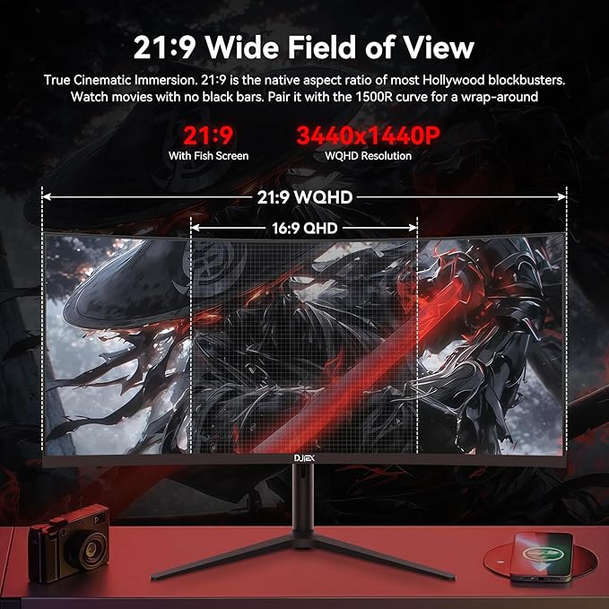 34 Inch Curved Gaming Computer Monitor with 180Hz Refresh Rate WQHD 3440x1440 127% sRGB FreeSync1500R Curvature &amp 178° Viewing Angle Height Adjustable Base for Gaming Business