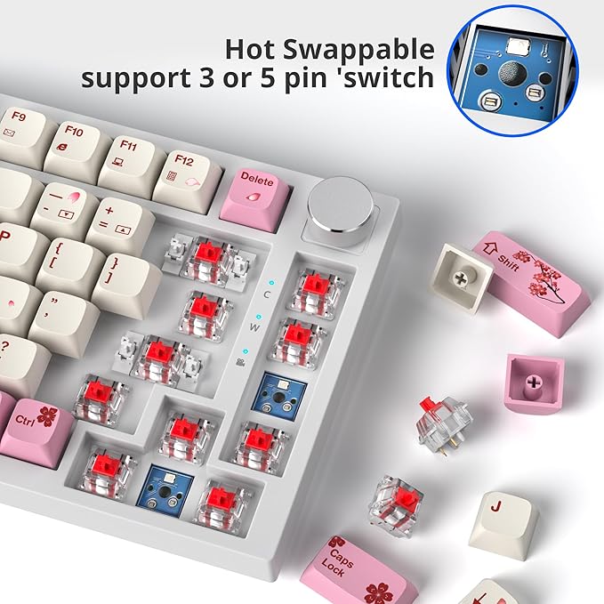 Fogruaden Wired 75% Percent Mechanical Keyboard RGB Backlit 75 Percent Gaming Keyboard Gasket Mount TKL Mechanical Keyboard Hot Swappable Red Switch NKRO Compact Pink Keyboard with Volume Knob
