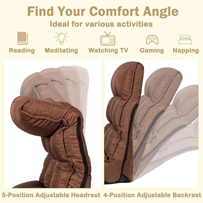 KOMFOTT Folding Floor Chair for Adults Floor Gaming Chair with 5-Position Adjustable Headrest &amp 4-Position Adjustable Backrest Side Pocket Floor Seating Lazy Sofa for Reading Meditating Brown